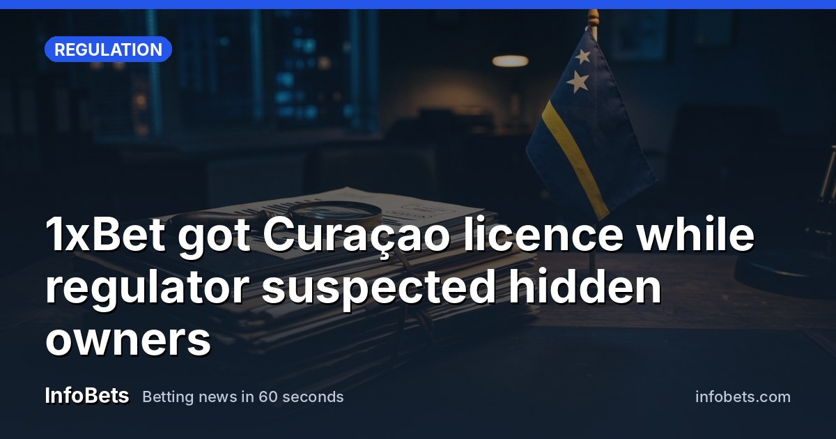 A stack of leaked corporate documents & a magnifying glass on a desk beside a Curaçao flag.