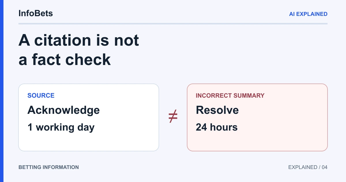 A fictional source promises an acknowledgement target; an incorrect AI summary changes it into a resolution guarantee.