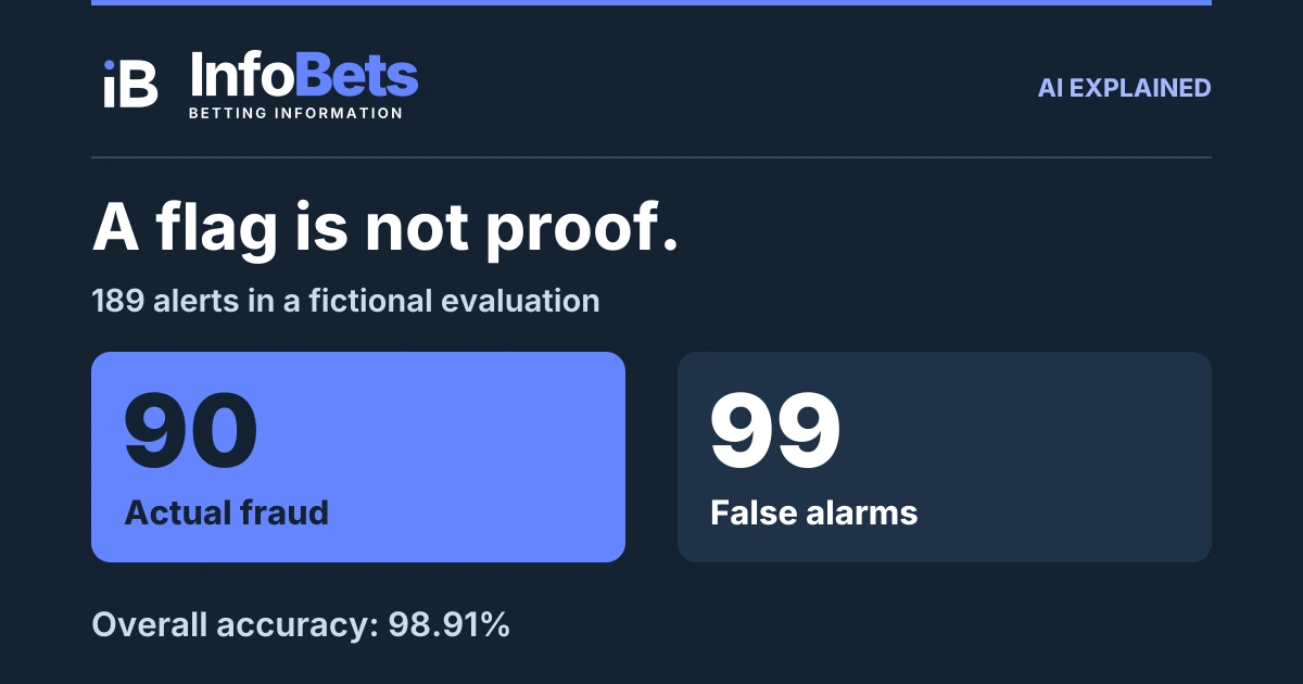 Fictional fraud evaluation: 189 alerts contain 90 fraudulent transactions & 99 false alarms, despite 98.91% overall accuracy.