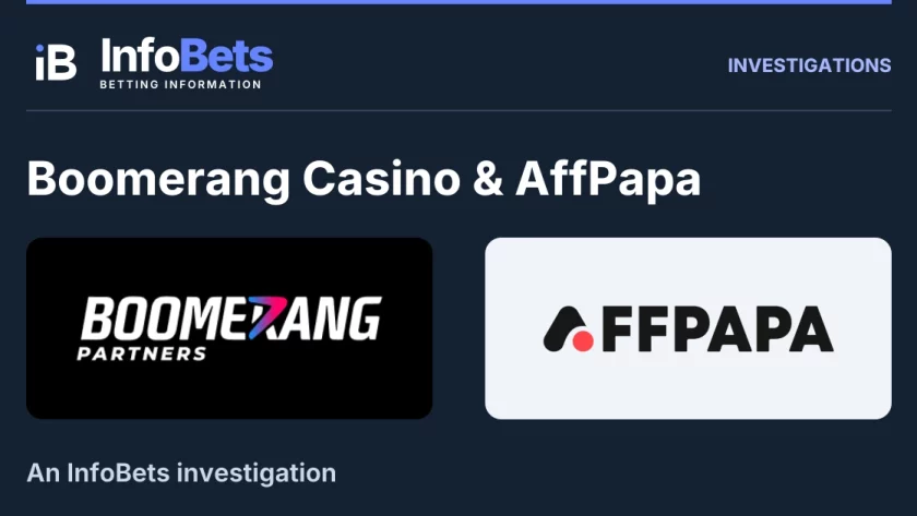 InfoBets investigation into Boomerang Casino & AffPapa, illustrated with authentic original brand marks.