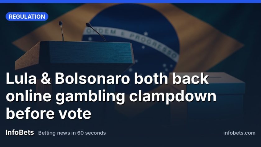 An empty campaign podium with a Brazilian flag backdrop & a ballot box in soft focus.