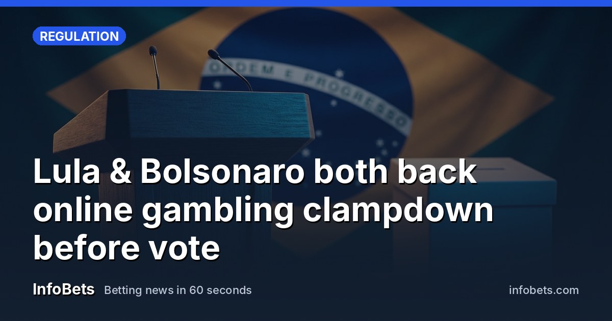 An empty campaign podium with a Brazilian flag backdrop & a ballot box in soft focus.