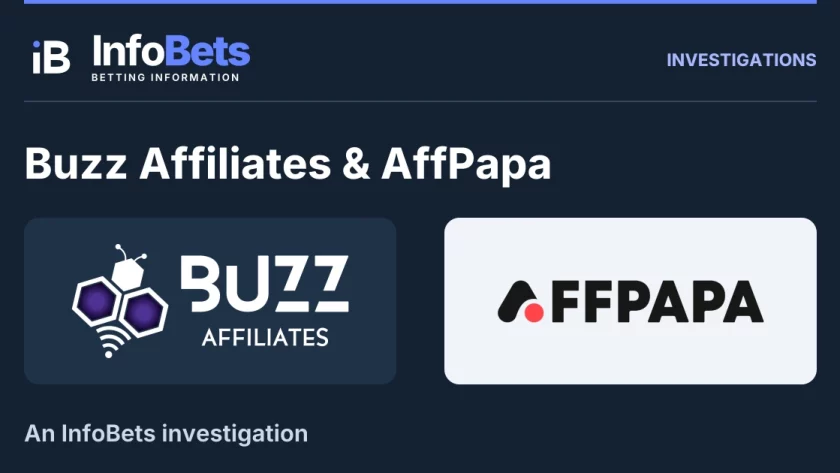 InfoBets investigation into Buzz Affiliates & AffPapa, illustrated with authentic original brand marks.