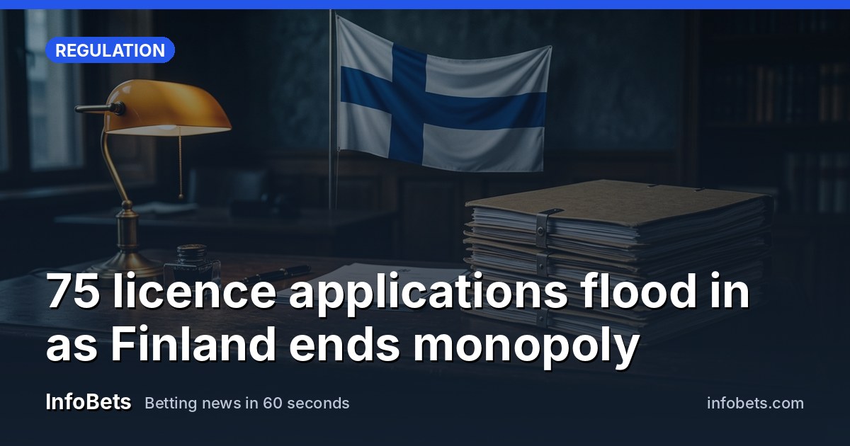 A stack of licence application folders on a government office desk beneath a Finnish flag.