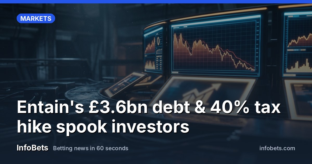A stock market screen showing a downward gambling-sector chart beside a sportsbook logo.