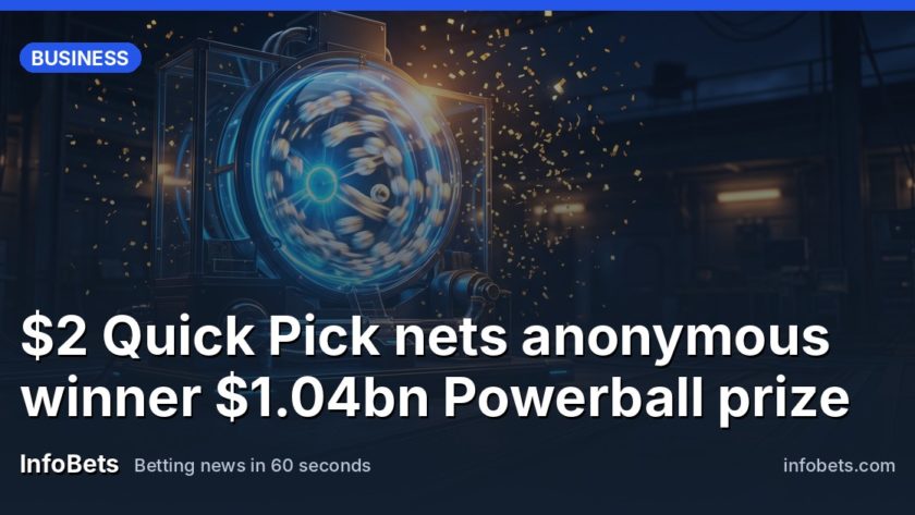 A lottery draw machine at night, its glass sphere glowing blue, the spinning balls blurred into streaks of white light, gold confetti drifting through the dark