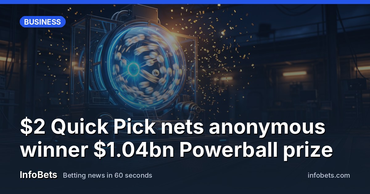 A lottery draw machine at night, its glass sphere glowing blue, the spinning balls blurred into streaks of white light, gold confetti drifting through the dark