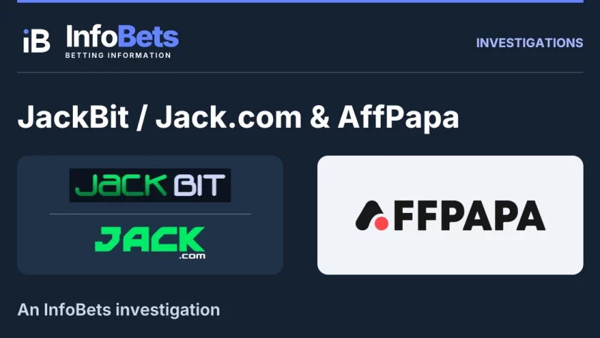 InfoBets investigation into JackBit / Jack.com & AffPapa, illustrated with authentic original brand marks.