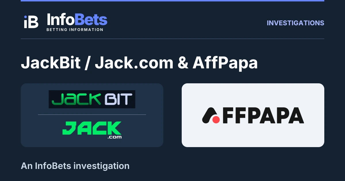InfoBets investigation into JackBit / Jack.com & AffPapa, illustrated with authentic original brand marks.