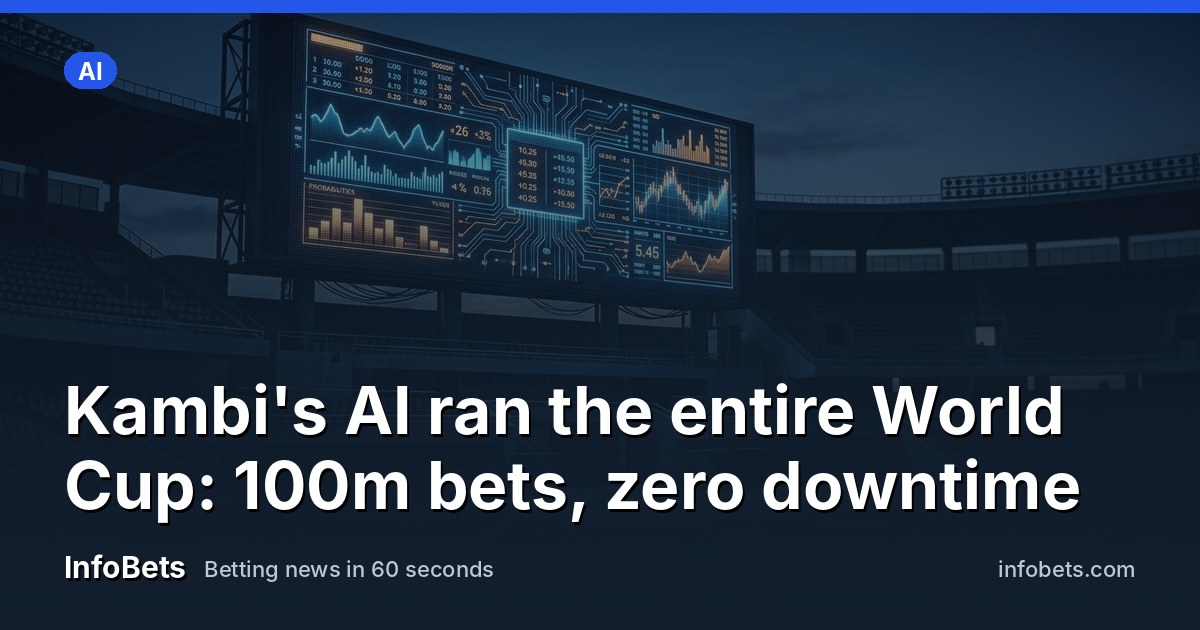A stadium scoreboard overlaid with glowing odds data & circuit-like patterns suggesting AI trading.