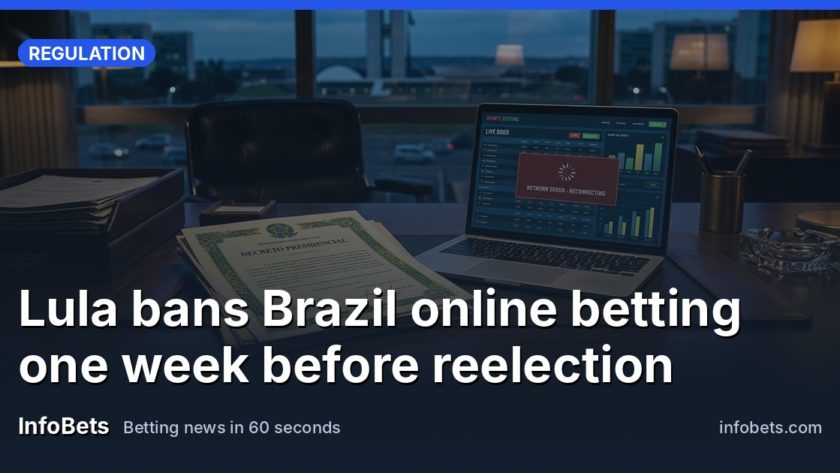 An empty Brazilian government office desk with a signed presidential decree & a laptop showing a frozen betting app screen.