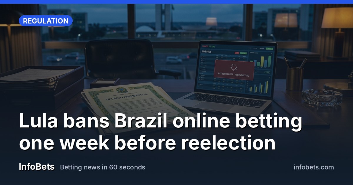 An empty Brazilian government office desk with a signed presidential decree & a laptop showing a frozen betting app screen.
