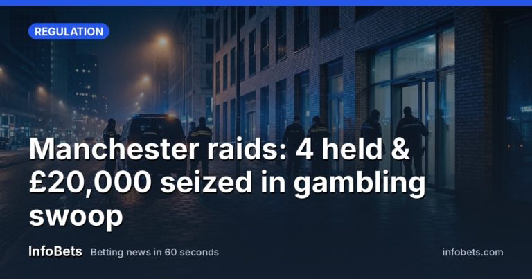 Police officers standing outside a city centre building during an enforcement raid at night.