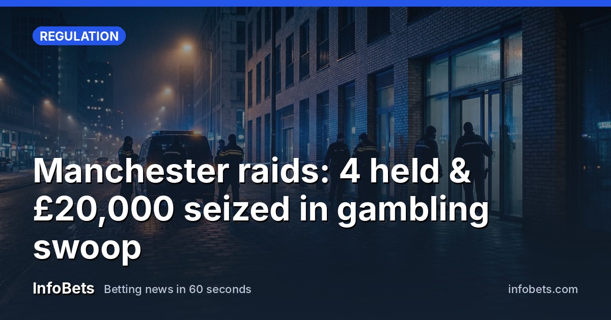 Police officers standing outside a city centre building during an enforcement raid at night.