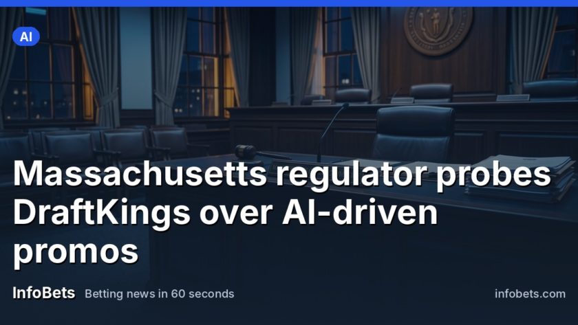 An empty regulatory hearing room with a nameplate reading Massachusetts Gaming Commission on an unoccupied desk.
