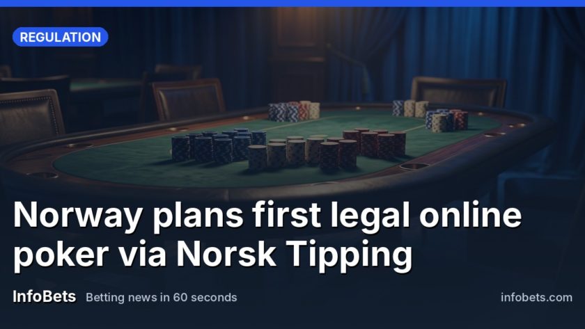 An empty poker table with green felt & stacked chips under soft casino lighting, no cards visible.