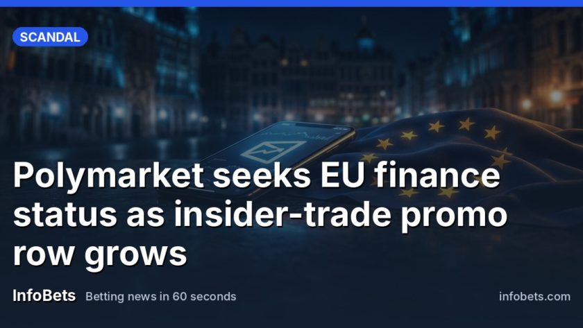 Polymarket logo displayed on a smartphone screen next to a European Union flag.
