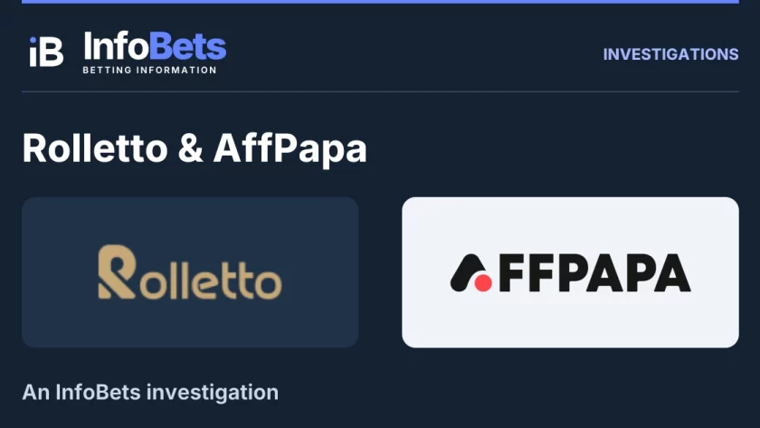 InfoBets investigation into Rolletto & AffPapa, illustrated with authentic original brand marks.