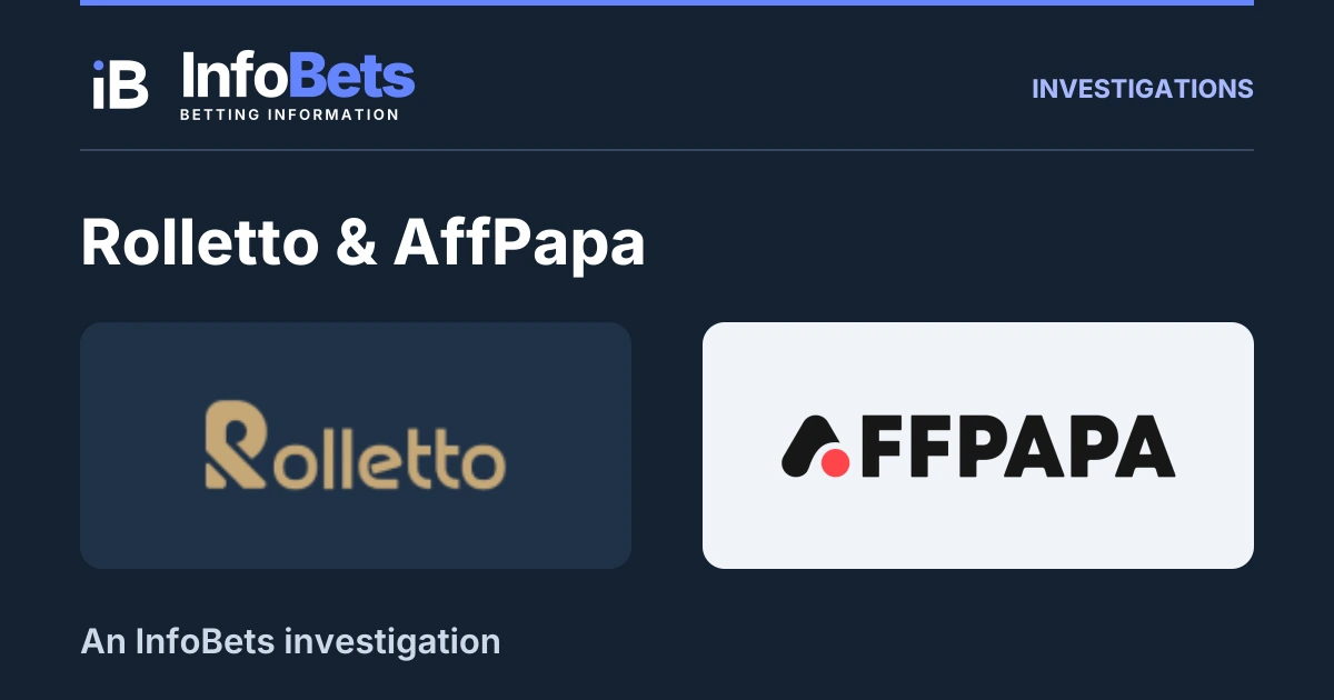 InfoBets investigation into Rolletto & AffPapa, illustrated with authentic original brand marks.