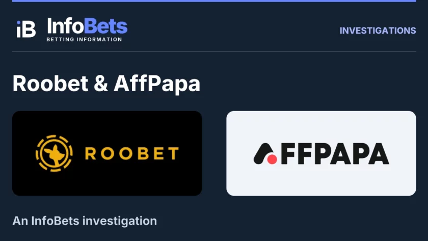InfoBets investigation into Roobet & AffPapa, illustrated with authentic original brand marks.