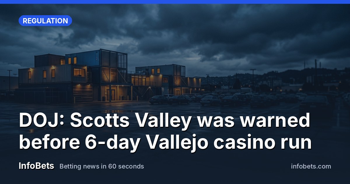 Modular casino buildings in a car park under an overcast sky in Vallejo, California.