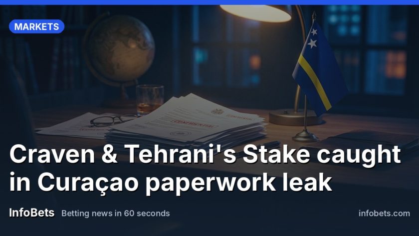 A stack of leaked regulatory application documents beside a Curaçao flag on a desk.