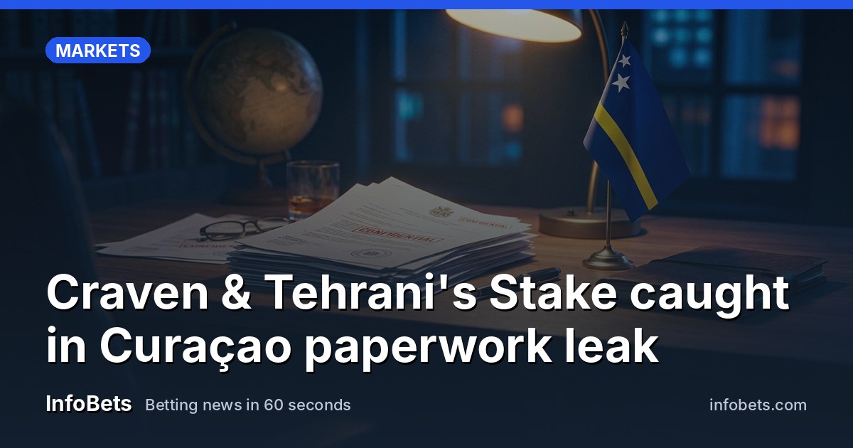 A stack of leaked regulatory application documents beside a Curaçao flag on a desk.