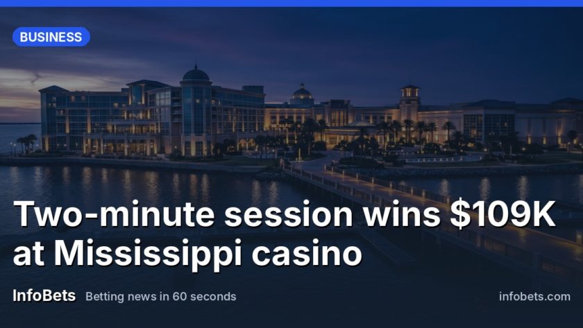 A waterfront casino resort lit up at dusk on the Mississippi coastline.