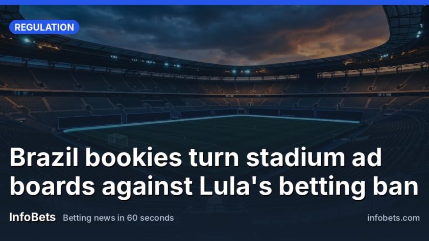 An empty football stadium at dusk with blank advertising boards ringing the pitch.