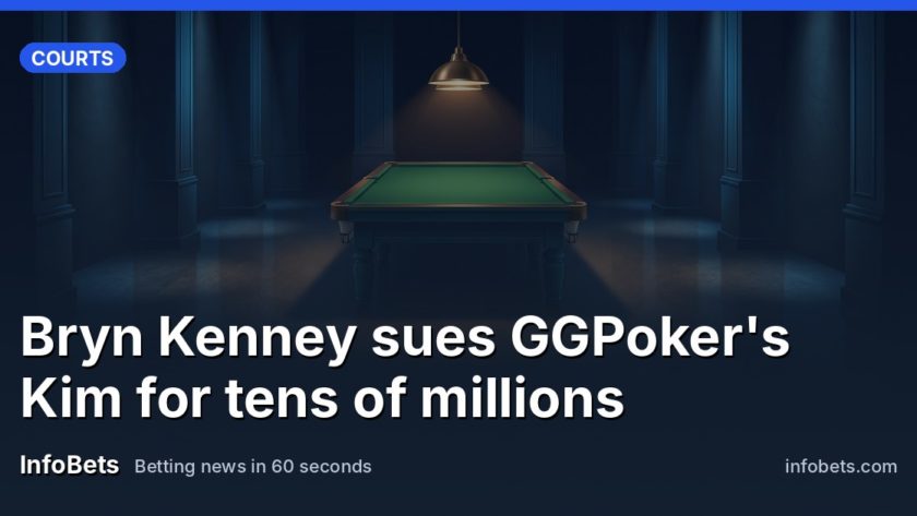 A green baize table stands alone under a low warm lamp in a darkened hall, its felt smooth and empty, with tall shadowed columns and a faint glow of spotlights falling across the polished floor.