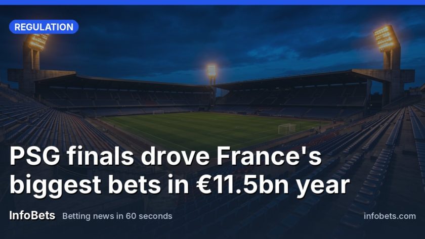 An empty French stadium at dusk with floodlights on & rows of vacant seats.