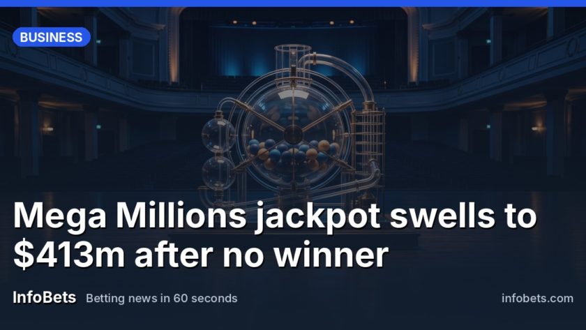 A softly lit lottery ball machine at rest in an empty hall, no text visible.