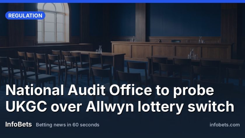 An empty audit hearing room with rows of vacant chairs facing a bare desk, lit by soft daylight.