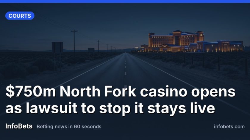 An empty desert highway at dusk leading toward a large illuminated casino resort building in California's Central Valley.