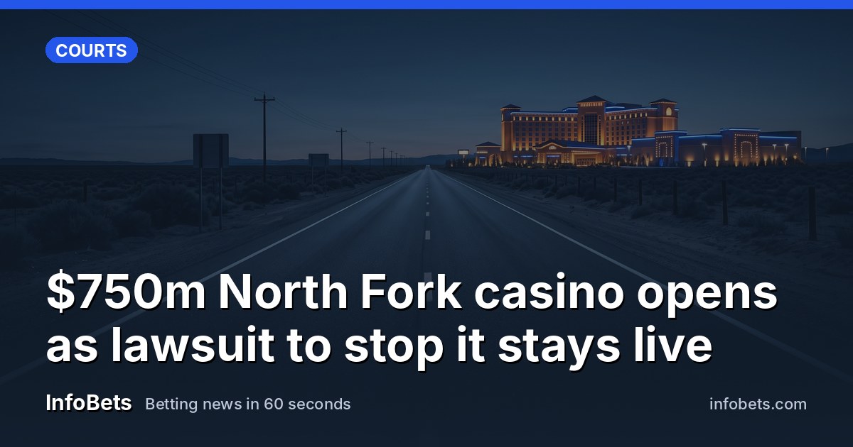 An empty desert highway at dusk leading toward a large illuminated casino resort building in California's Central Valley.