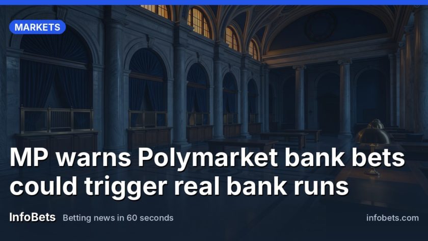 An empty grand bank hall with marble columns & closed teller windows at dusk.