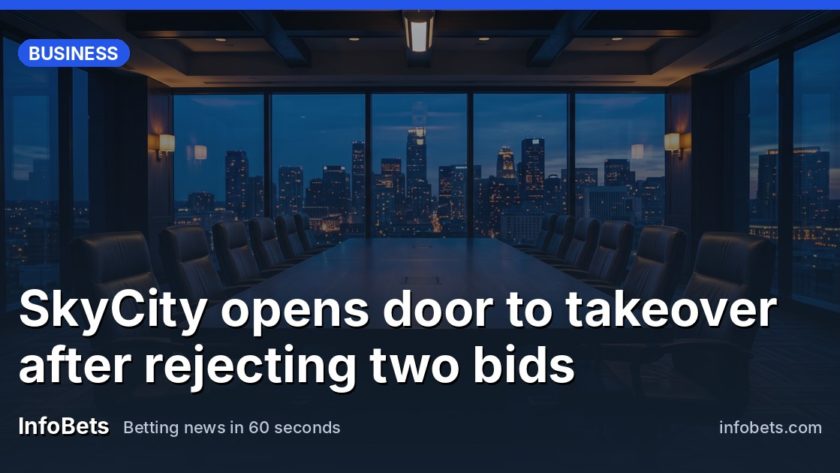 An empty casino boardroom table with a city skyline visible through the window at dusk.