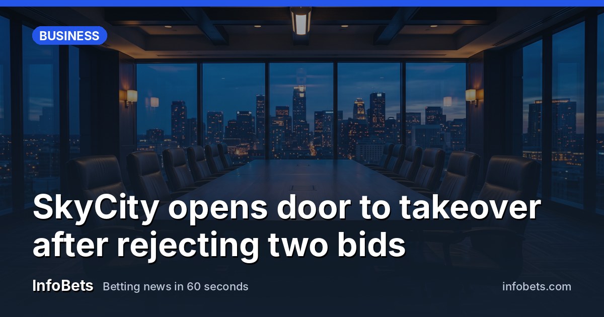 An empty casino boardroom table with a city skyline visible through the window at dusk.
